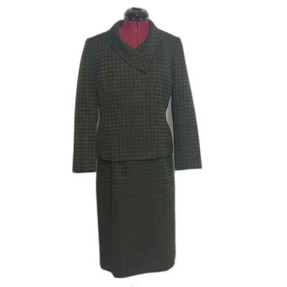 Le Suit Skirt Suit Women's Size 10P Green Houndstooth 2-Piece Set Skirt & Blazer - Picture 1 of 12